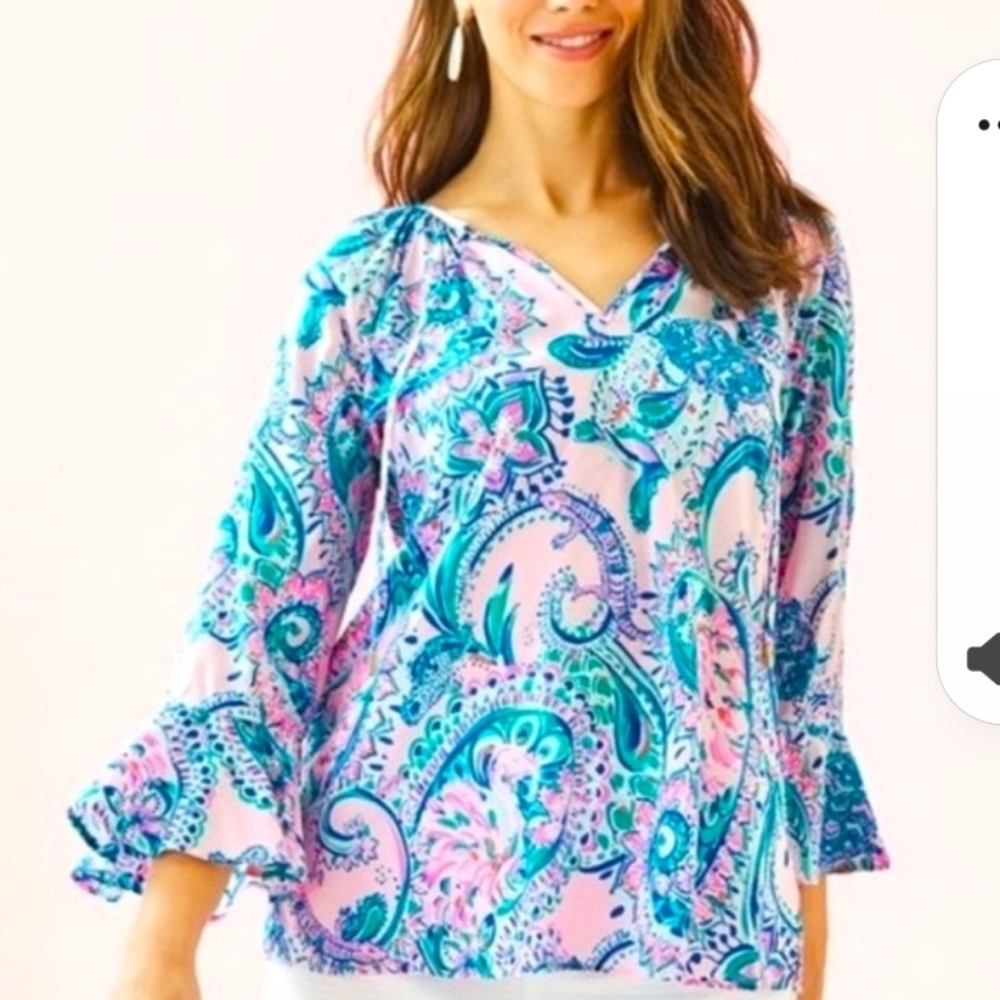 Lilly Pulitzer Willa Flounce Sleeve Top/Tidal Wave/Pans Garden Size Large